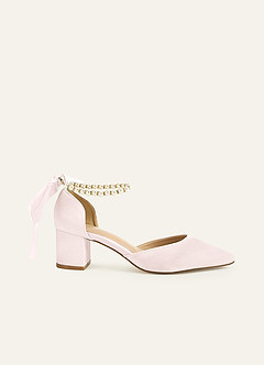 front Matching Color Matte Satin Pearl and Bow Pointed Toe Block Heels
