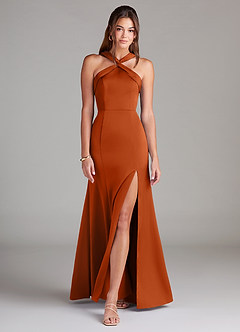 Azazie Rue Vestidos de damas de honor Vestido de Naranja Quemada de Satén Elástico de Corte en A con Plisado image3