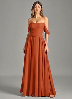 Azazie Chelsey Abiti da Damigella Abito Convertibile A-Line in Chiffon a Spalla Scoperta Arancia Bruciata image6