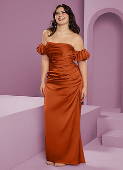 Barbie ♥ Azazie Robes de demoiselle d'honneur Robe Fourreau Convertible en Satin extensible Épaule décolletée Orange Brûlée image14