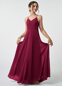 Azazie Avelina Junior Burgundy A-Line Pleated Chiffon Dress image2
