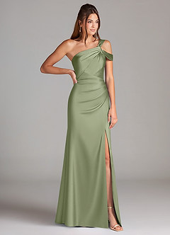 Azazie Wynter Bridesmaid Dresses Pistachio Sheath One Shoulder Stretch Satin Dress image4