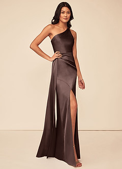 Azazie Maron At-home Try On Dresses Bermuda A-Line One Shoulder Stretch Satin Dress image3