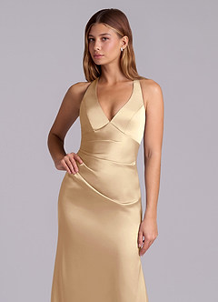 Azazie Amelie Bridesmaid Dresses Champagne A-Line Pleated Stretch Satin Dress image6