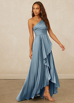 Christian Siriano Bridal for Azazie 1008 Robes de demoiselle d'honneur Robe Trapèze en Satin extensible Ue épaule Bleu Poussiéreux image4