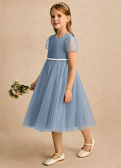 Azazie Kaylor Flower Girl Dresses Dusty Blue A-Line Pleated Tulle Dress image4