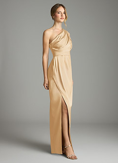Azazie Emorie Bridesmaid Dresses Gold Sheath One Shoulder Stretch Satin Dress image4