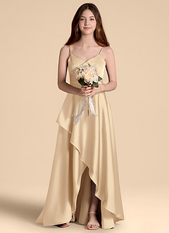 Azazie Prisha Junior Jurk van Stretch Satijn met A-Lijn Geplooid Champagne image6