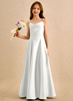 Azazie Coconut Girls Formal Vestidos de florista Vestido Branco de Cetim elástico de Linha A com Plissado image1