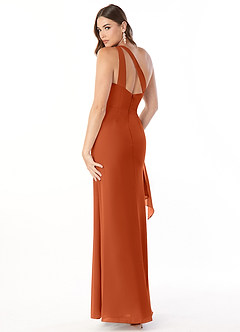 Azazie Maive Vestidos de damas de honor Vestido de Naranja Quemada de Gasa de Corte Recto con Volante plisado image3