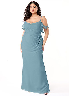 Azazie Emeralda Bridesmaid Dresses Moody Blue Sheath Off the Shoulder Chiffon Dress image7