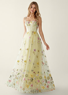 Irisqun Yellow 3D Flowers Sequin Embroidery Beading Tulle Prom Dress image5