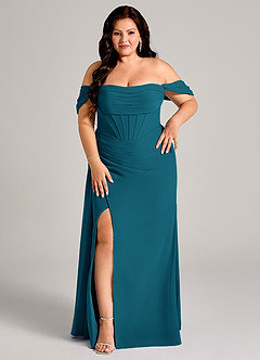 Azazie Amyra Bridesmaid Dresses Ink Blue Sheath Off the Shoulder Chiffon Convertible Dress image13
