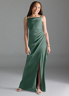 Azazie Leonis Junior Eucalyptus A-Line Pleated Stretch Satin Dress image1