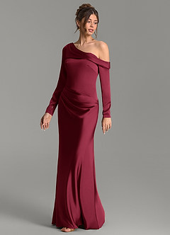 Azazie Sandra Robes de demoiselle d'honneur Robe Sirène en Satin extensible Manches longues Bourgogne image4