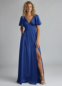 Azazie Kimber Brautjungfernkleider A-Linie Gestreift Stretch-Satin Kleid Königsblau image1