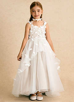 Azazie Darlina Robe Demoiselle D'honneur Fillette Robe Princesse en Tulle Dentelle Ivoire Albâtre Blanc image4