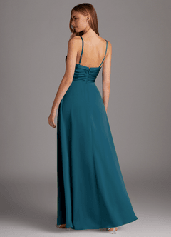 Azazie Jenna Vestidos de damas de honor Vestido de Azul Tinta de Satén Elástico de Corte en A con Plisado image4