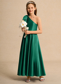 Azazie Guppy Junior Formal Jurken voor bloemenmeisjes A-Lijn Jurk van Mat Satijn One-Shoulder Smaragd image5