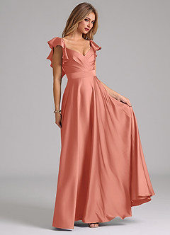 Azazie Leilani Robes de demoiselle d'honneur Robe Trapèze en Satin extensible Rayé Rose Saumon image4