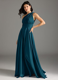 Azazie Charlize Robes de demoiselle d'honneur Robe Trapèze en Satin extensible Asymétrique Bleu Encre image4