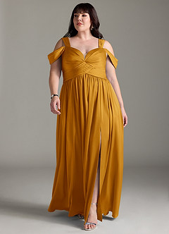 Azazie Lianne Bridesmaid Dresses Butterscotch A-Line Off the Shoulder Stretch Satin Dress image11