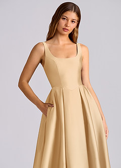 Azazie Amalie 신부 들러리 드레스 A라인 주름진 스트레치 새틴 티 길이 드레스 image2