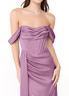 Azazie Amyra Robes de demoiselle d'honneur Robe Fourreau Convertible en Satin extensible Épaule décolletée Glycine image8