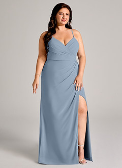 Azazie Maci Bridesmaid Dresses Dusty Blue Sheath Pleated Chiffon Dress image4