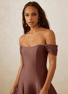 Christian Siriano Bridal for Azazie 1002 Bridesmaid Dresses Espresso A-Line Off the Shoulder Stretch Satin Convertible Dress image5