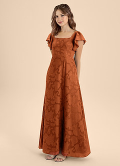 Azazie Bondi Junior Burnt Orange A-Line Bow Floral Burnout Dress image3