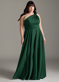 Azazie Charlize Bridesmaid Dresses Dark Green A-Line One Shoulder Stretch Satin Dress image9