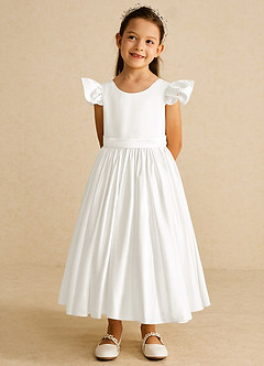 Azazie Violeta Flower Girl Dresses Ivory Ball-Gown Bow Matte Satin Dress image6