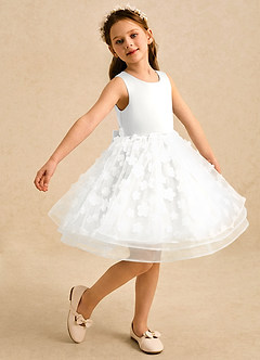 Azazie Billie Flower Girl Dresses White Ball-Gown Pleated Matte Satin Dress image1