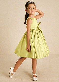 Azazie Apple Flower Girl Dresses Lemon Sorbet A-Line Bow Matte Satin Dress image3
