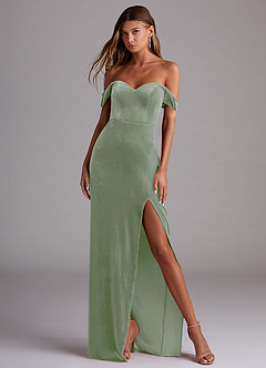 Azazie Shay Robes de demoiselle d'honneur Robe Fourreau Convertible en velours Épaule décolletée Vert Sauge image4