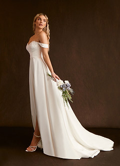 Azazie Joya Wedding Dresses Diamond White A-Line Off the Shoulder Crepe Back Satin Dress image4