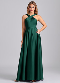 Azazie Dixie Bridesmaid Dresses Emerald A-Line Pleated Stretch Satin Dress image1