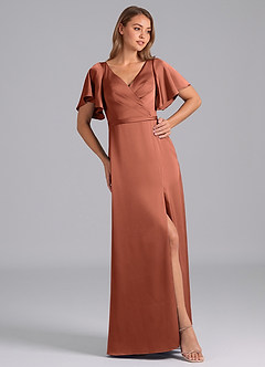 Azazie Ambrosia Bridesmaid Dresses Clay A-Line Pleated Stretch Satin Dress image4