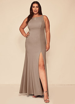Azazie Rogue Bridesmaid Dresses Taupe Mermaid Scoop Side Slit Stretch Crepe Dress image7
