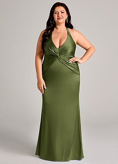 Azazie Valerie Bridesmaid Dresses Olive Mermaid Pleated Stretch Satin Dress image7