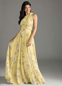 Azazie Charlize Bridesmaid Dresses Lemon Sorbet New Day Floral A-Line One Shoulder Chiffon Dress image3