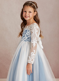 Azazie Elodie Blumenmädchenkleider Ballkleid Spitze Kleid Elfenbein Stahlblau image6