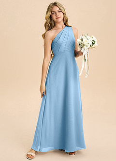 Azazie Phaedra Junior Steel Blue A-Line Pleated Chiffon Dress image6