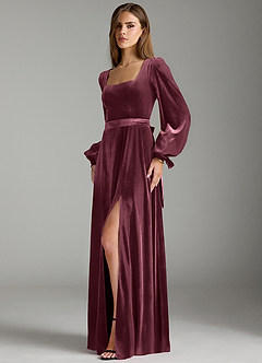 Azazie Leonia Bridesmaid Dresses Raspberry A-Line Long Sleeve Velvet Dress image5