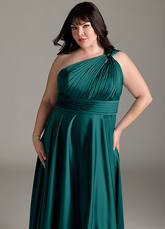 Azazie Charlize Robes de demoiselle d'honneur Robe Trapèze en Satin extensible Ue épaule Paon image14