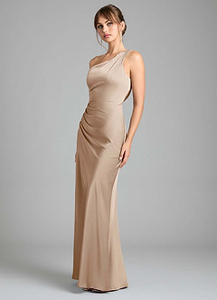Azazie Madelyn Bridesmaid Dresses Taupe Mermaid One Shoulder Stretch Satin Convertible Dress image6
