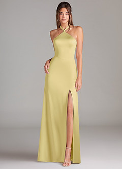 Azazie Elliana Bridesmaid Dresses Lemon Sorbet A-Line Side Slit Stretch Satin Dress image4