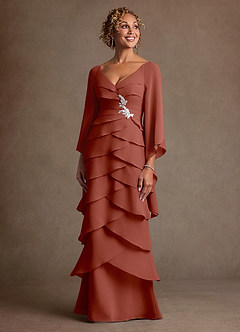 Azazie Arabinda Moeder van de bruid jurken Kolom Jurk van Chiffon Ruches Kastanjebruin image4