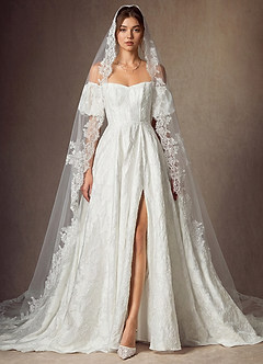 front Scalloped Edge Cathedral Veil with Floral Embroidery